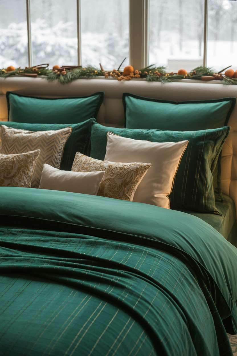 22 Cozy Christmas Bedroom Decor Ideas You'll Love 9 King bed with emerald green velvet bedding, cream and gold pillows, with dried orange and cinnamon garlands