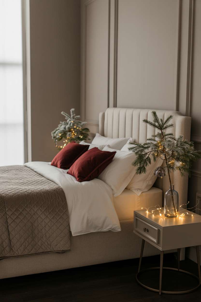 22 Cozy Christmas Bedroom Decor Ideas You'll Love 10 King bed with ivory bedding and burgundy velvet pillows, bedside tables with frosted evergreen and fairy lights