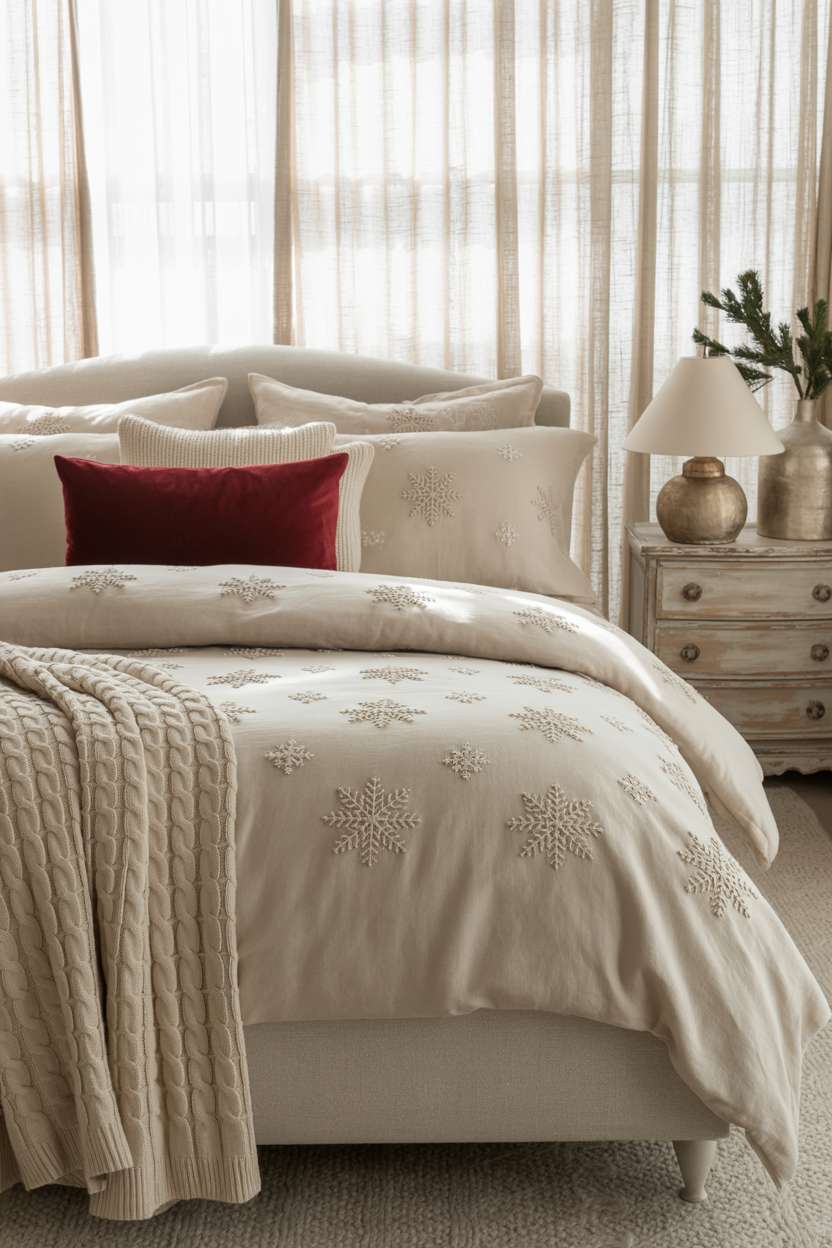 22 Cozy Christmas Bedroom Decor Ideas You'll Love 11 King bed with cream linen bedding featuring embroidered snowflakes, red velvet pillows, and cable-knit blanket
