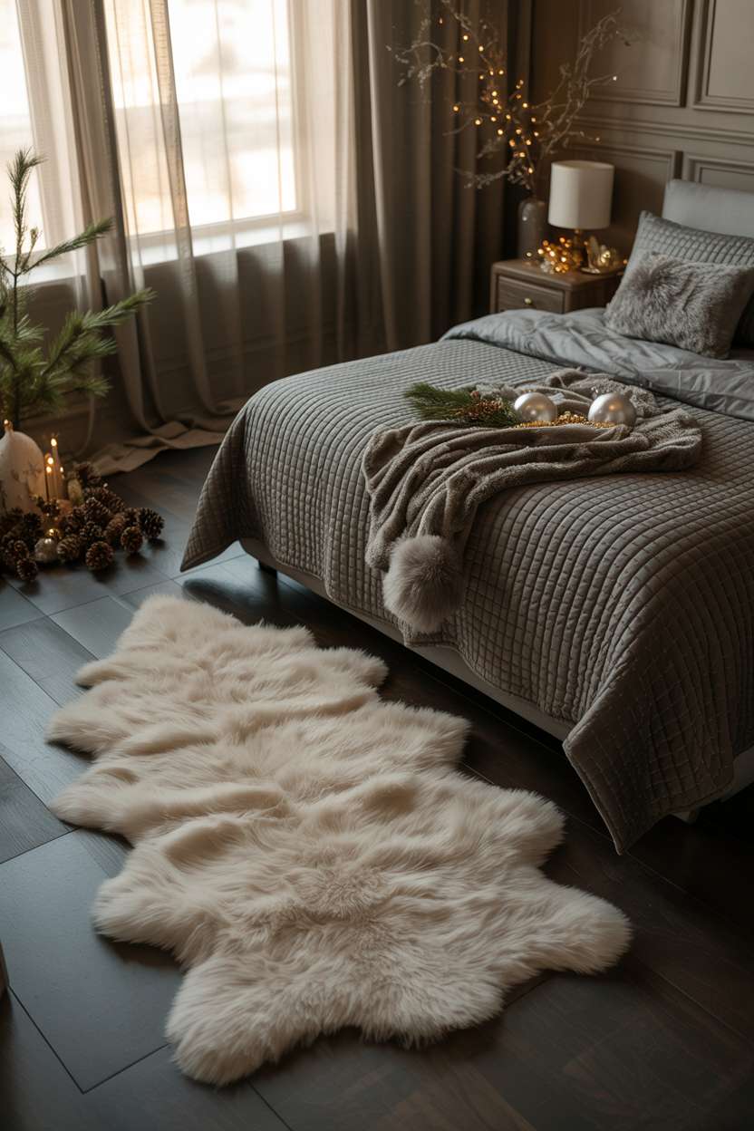 22 Cozy Christmas Bedroom Decor Ideas You'll Love 12 King bed with dark gray quilted bedding, sheepskin rug, and pine branches on nightstands