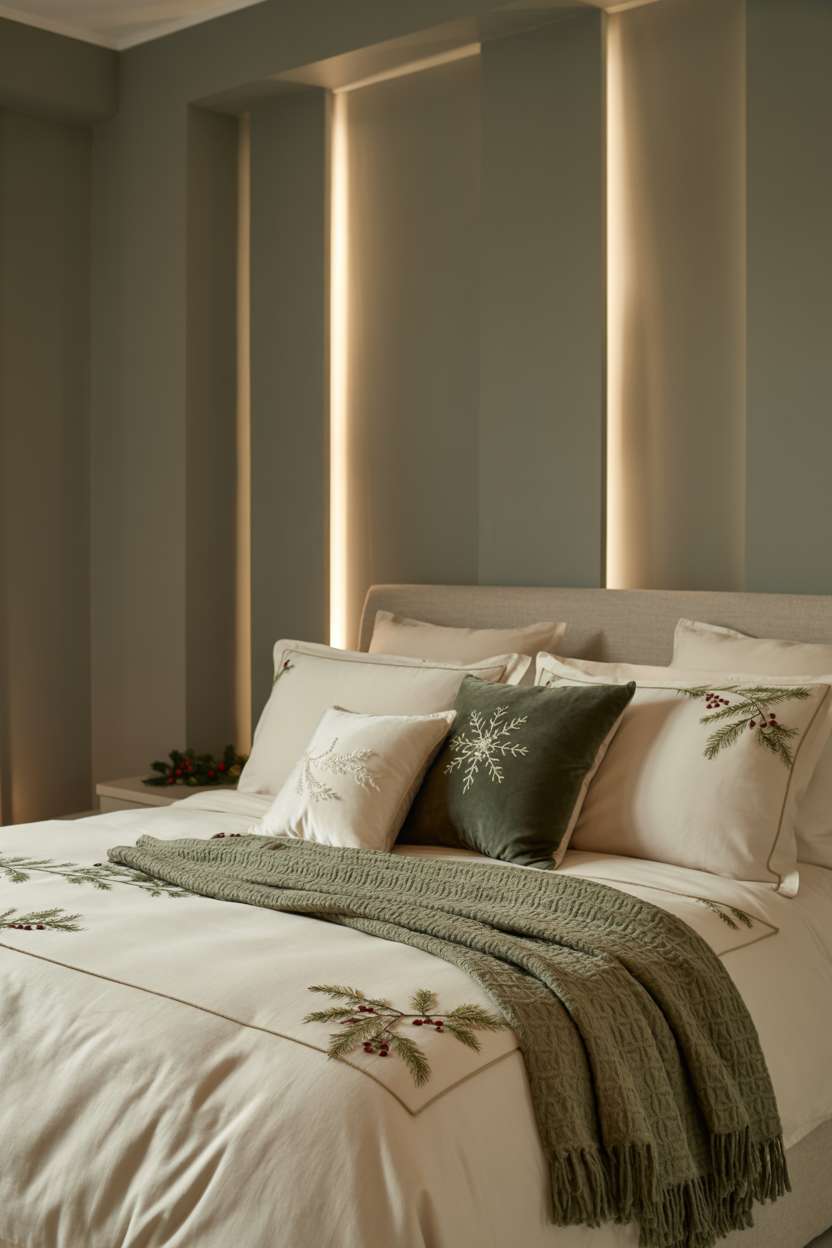 22 Cozy Christmas Bedroom Decor Ideas You'll Love 13 King bed with cream bedding featuring pinecone and berry embroidery, forest green throw, and snowflake velvet pillows