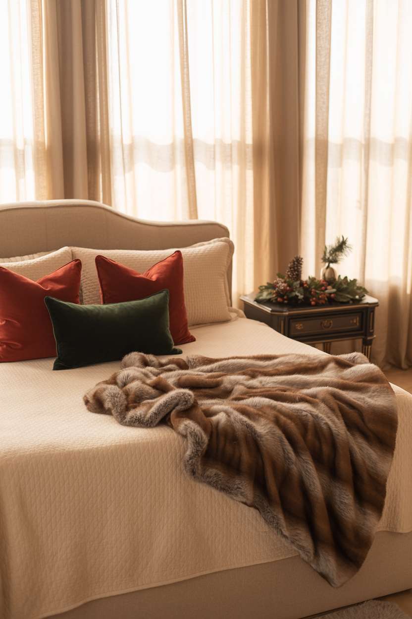 22 Cozy Christmas Bedroom Decor Ideas You'll Love 14 King bed with cream comforter, red and green plush pillows, faux fur throw, and dark wood furniture