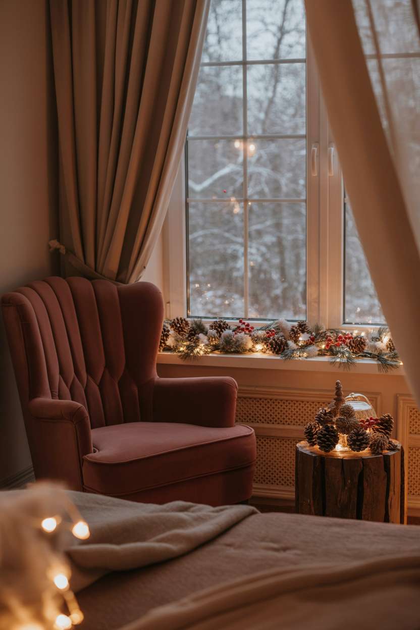 22 Cozy Christmas Bedroom Decor Ideas You'll Love 15 Oversized burgundy velvet armchair near window with cream curtains, pinecones and winter berries on side table