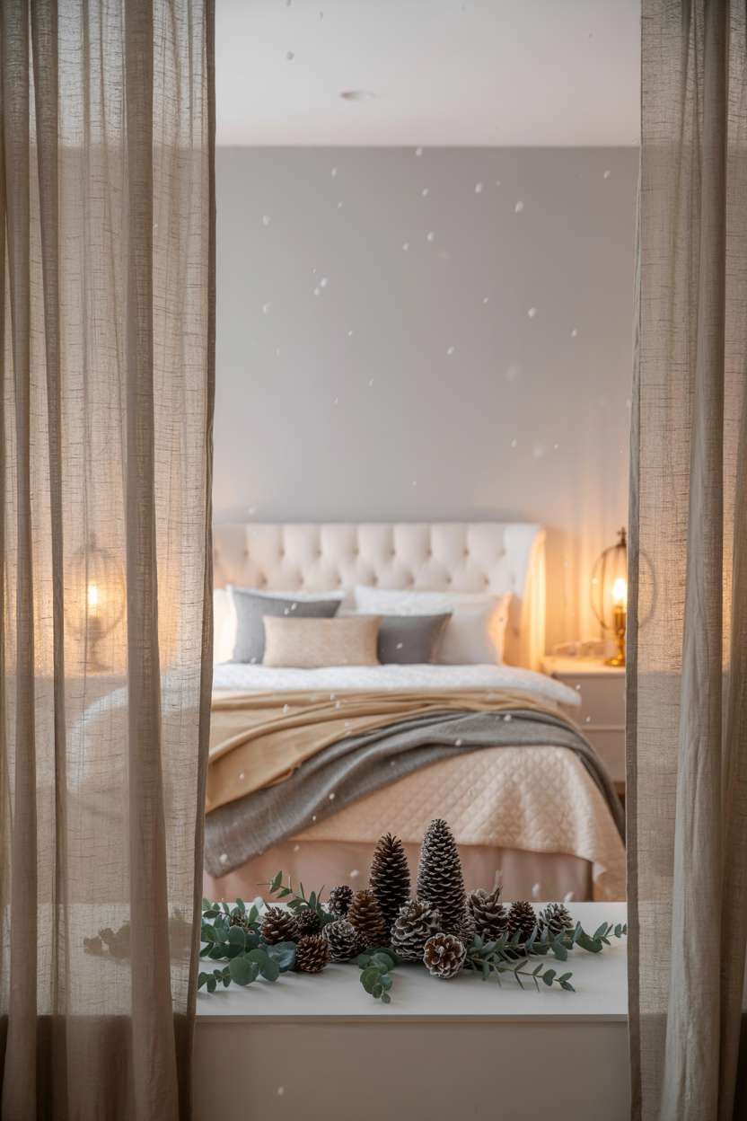22 Cozy Christmas Bedroom Decor Ideas You'll Love 16 Cream bed with gray and pale gold blankets, pinecones and eucalyptus on nightstand, brass lamps, sheer curtains