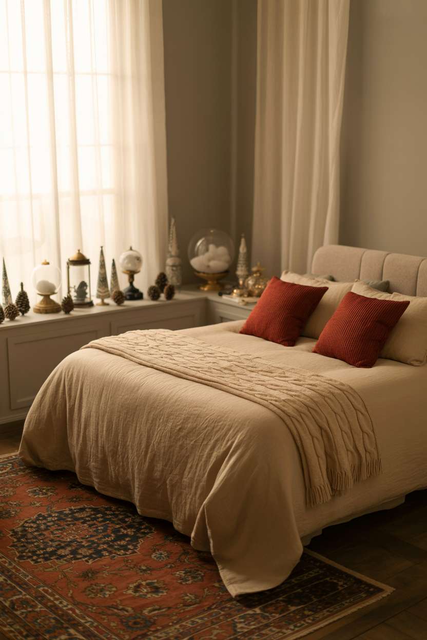 22 Cozy Christmas Bedroom Decor Ideas You'll Love 17 King bed with cream linen bedding and crimson pillows, antique snow globes and pinecones on nightstand