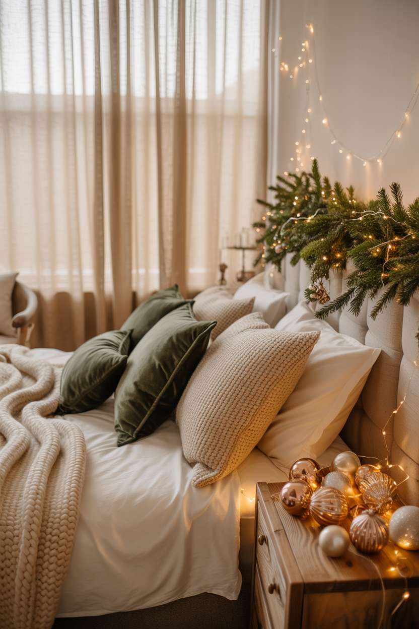 22 Cozy Christmas Bedroom Decor Ideas You'll Love 18 King bed with cream duvet and green velvet pillows, vintage ornaments and fairy light pine garland on nightstand