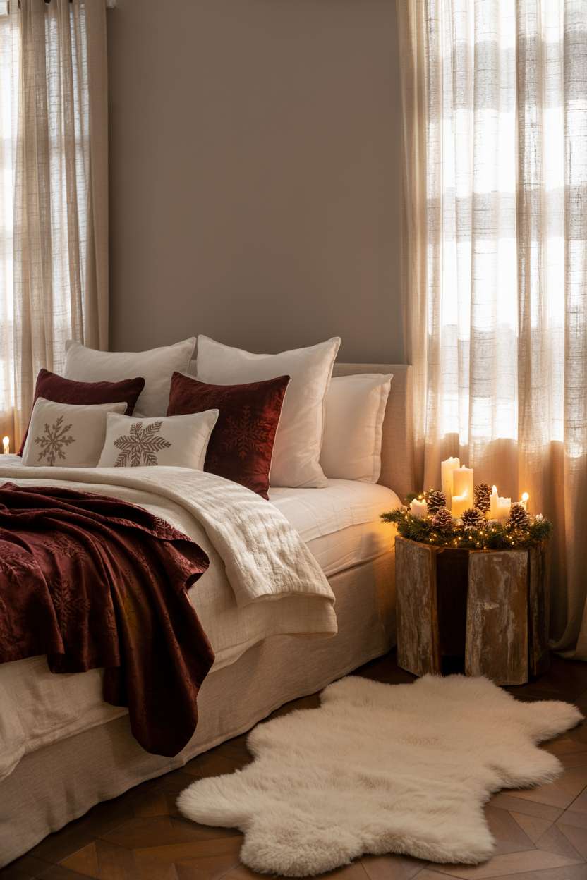 22 Cozy Christmas Bedroom Decor Ideas You'll Love 19 King bed with cream blankets, burgundy throw, and snowflake pattern pillows, candles and pinecones on nightstand
