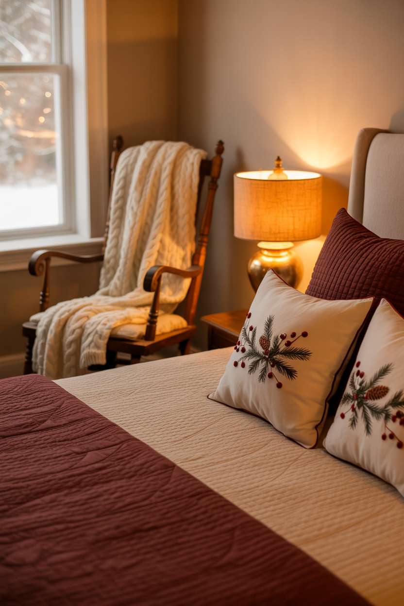 22 Cozy Christmas Bedroom Decor Ideas You'll Love 20 Cream bed with burgundy quilt and embroidered pillows, vintage wooden rocking chair with cable-knit throw