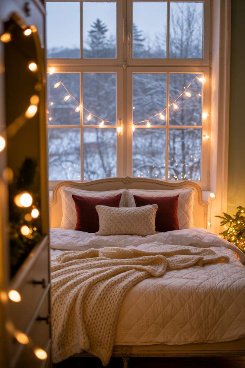 22 Cozy Christmas Bedroom Decor Ideas You'll Love 21 Queen bed with white bedding, burgundy pillows, and cream blanket, fairy lights draped across window