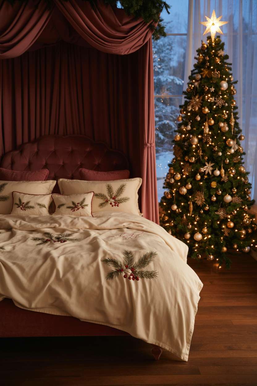 22 Cozy Christmas Bedroom Decor Ideas You'll Love 22 Four-poster bed with burgundy velvet and cream duvet, embroidered pillowcases, tall Christmas tree with gold ornaments