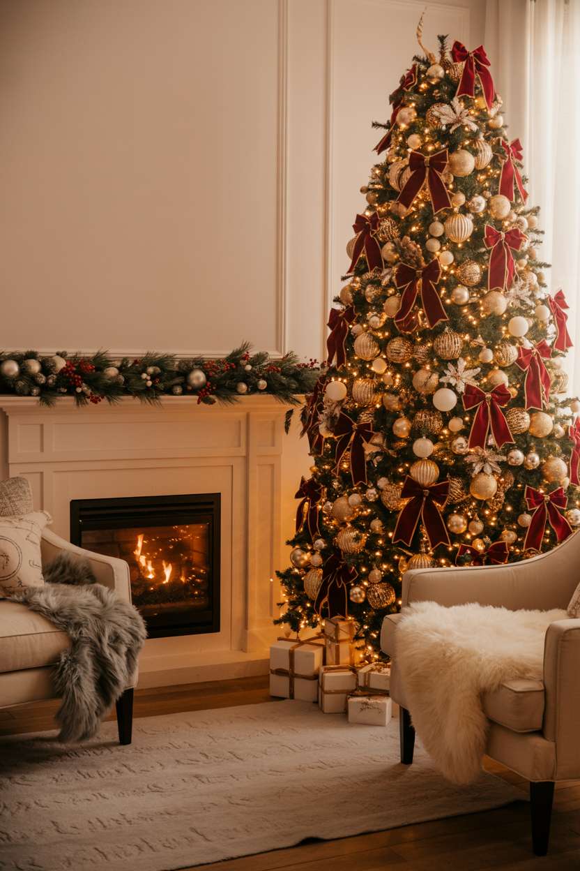 Elegant Christmas living room with gold and silver decorated tree, cream rug, and crackling fireplace