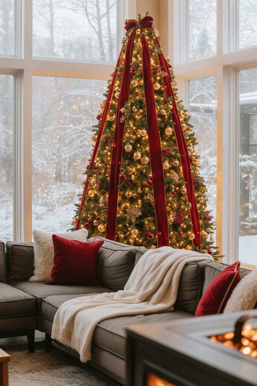 Contemporary living room with tall Christmas tree, gray sectional sofa, and snowy window view