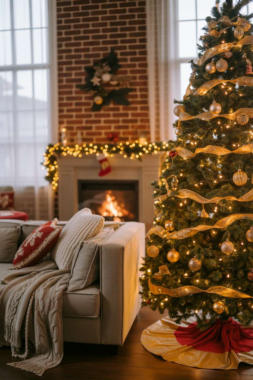 Wide view of Christmas-decorated living room with grey sofa, brick fireplace, and warm lighting