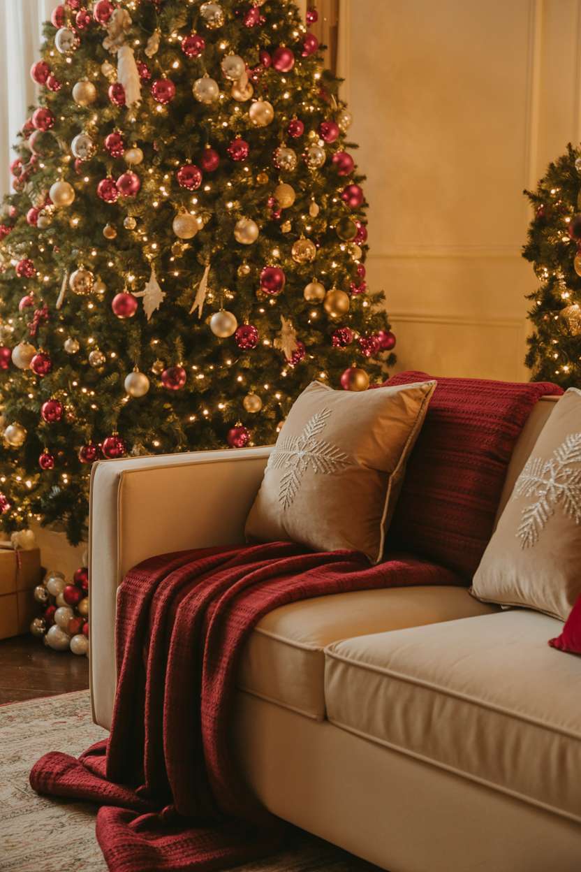 Living room with tall Christmas tree featuring gold and crimson ornaments, cream sofa with red throw