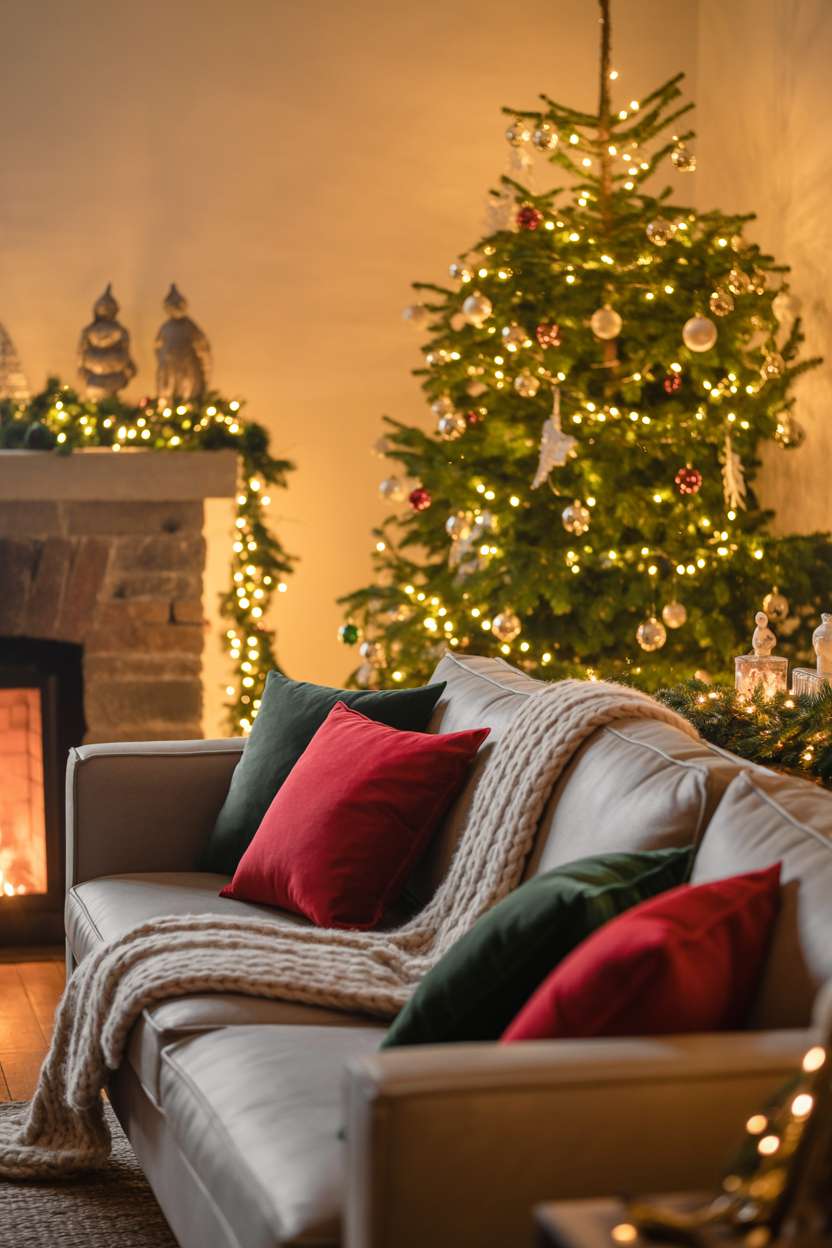 Christmas living room with stone fireplace, antique figurines, and layered throw pillows