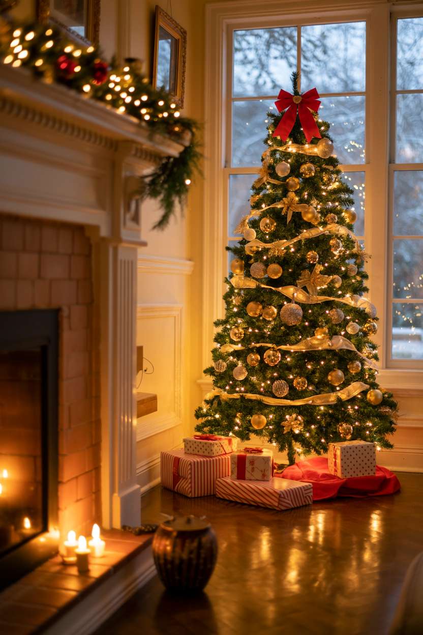 Christmas living room with centrally placed decorated tree, wrapped gifts, and snowy window view