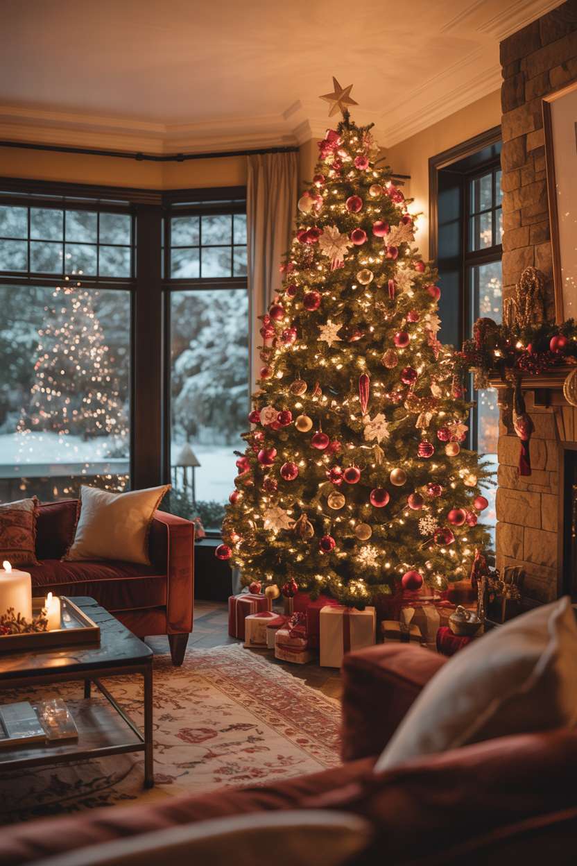Christmas living room with bay window, snow view, velvet couches, and corner Christmas tree
