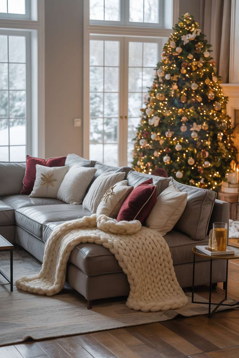 Stylish living room with grey sectional, burgundy accents, corner Christmas tree, and snow-covered landscape view