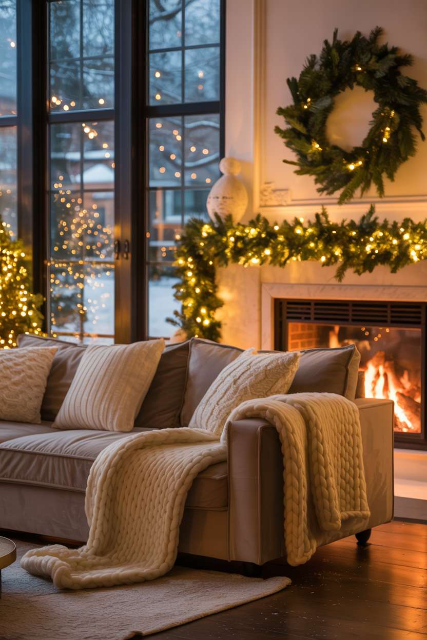 Living room with oversized grey sofa, pine garland above fireplace, and softly falling snow outside