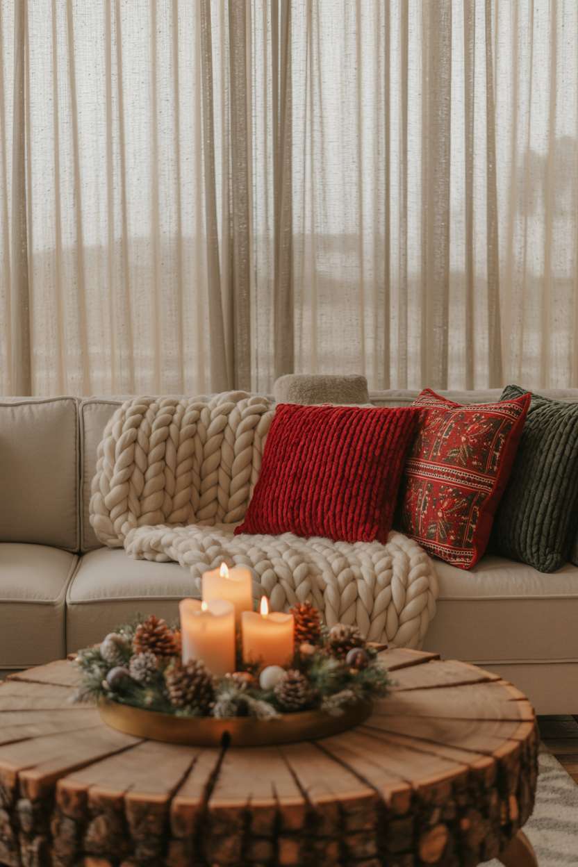 Christmas living room with cream sofa, chunky knit blankets, rustic coffee table with candles and pinecones