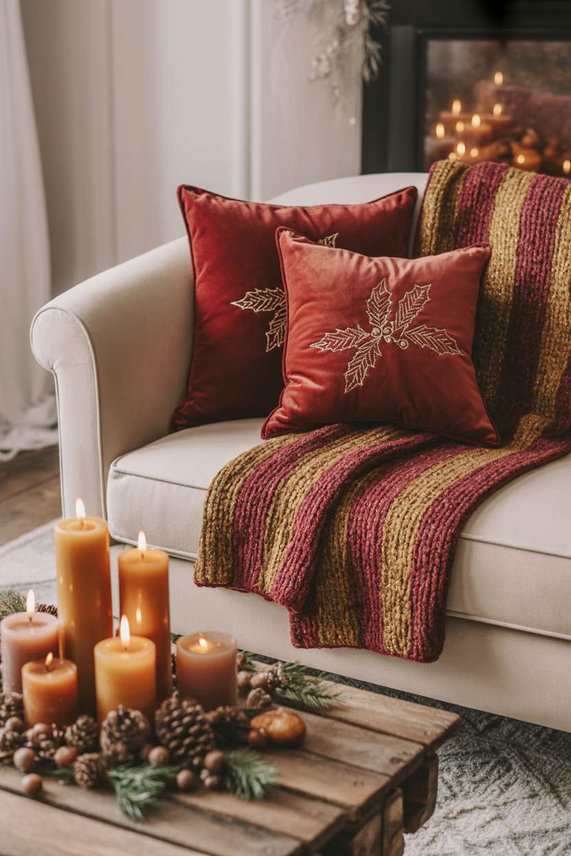 Christmas living room corner with cream armchair, burgundy throw, and amber candles on wooden table