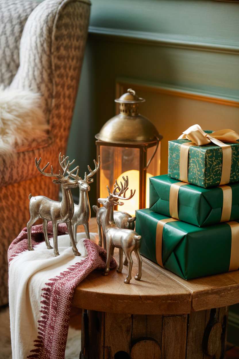 Living room corner with antique silver reindeer figurines, wrapped gifts, and vintage brass lantern