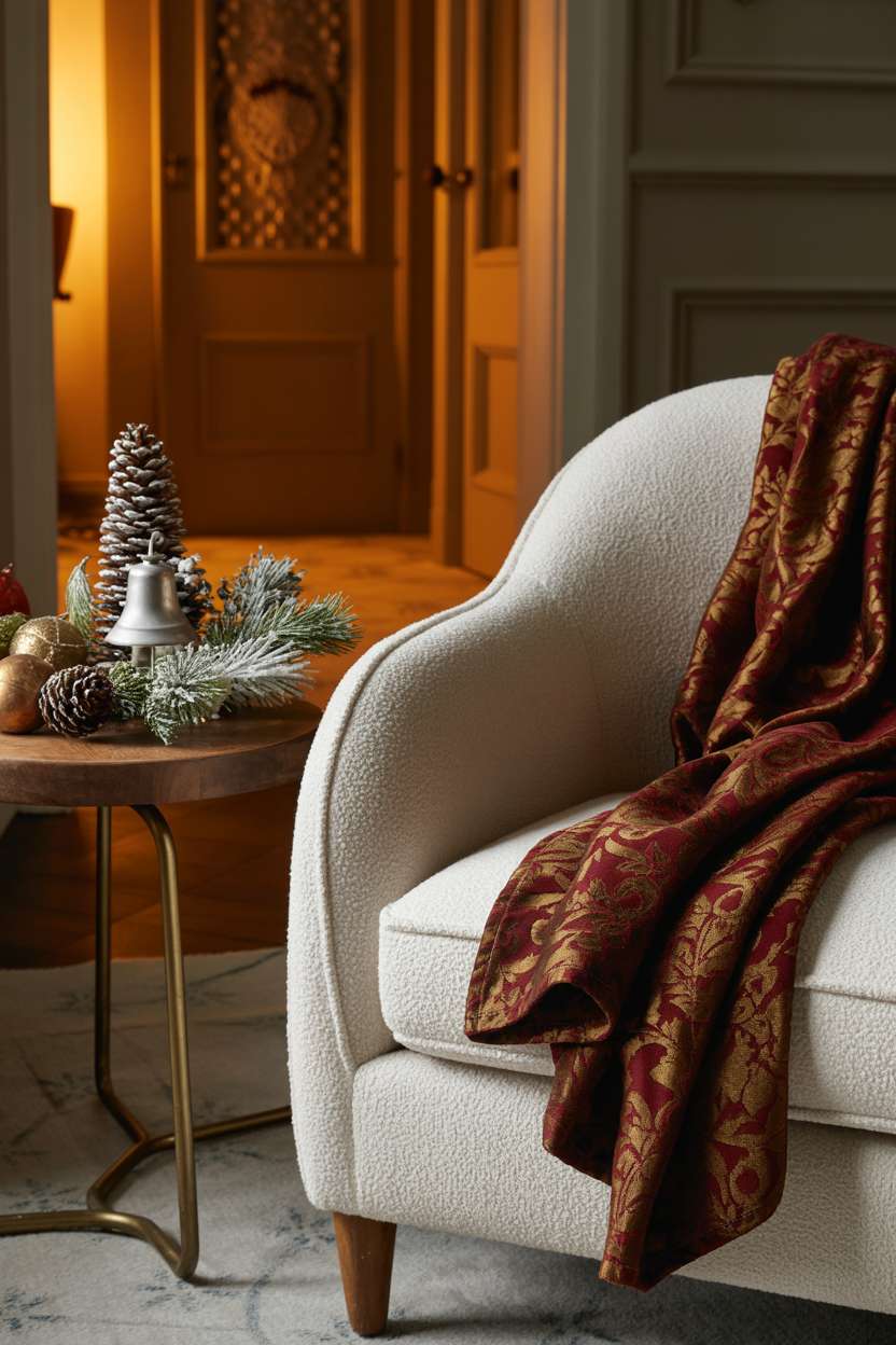 Living room corner with cream armchair, burgundy throw, and wooden table with pinecones and ornaments
