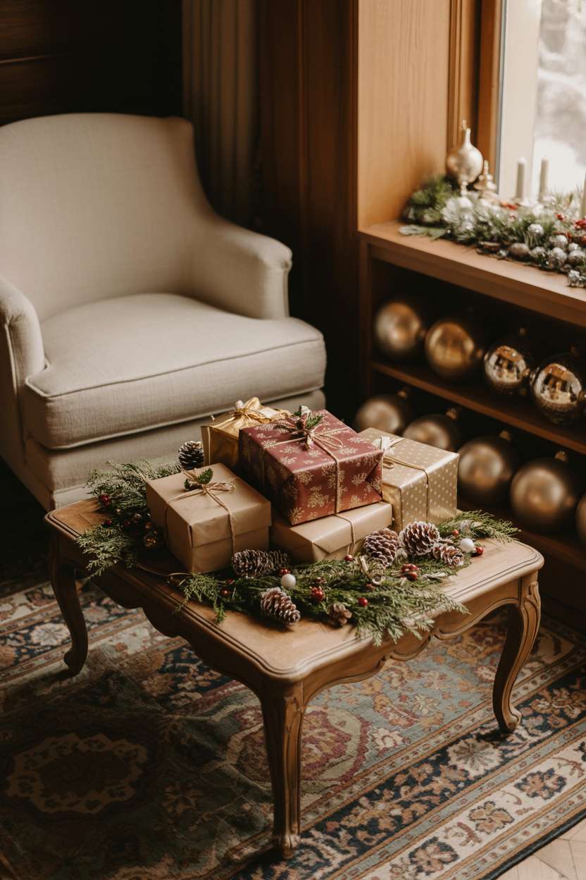Christmas living room corner with cream armchair, gold and burgundy wrapped gifts, and metallic ornaments