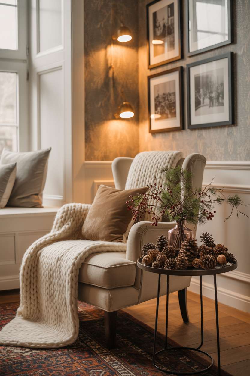 Living room corner with cream armchair, gallery wall of black and white photos, and vintage Persian rug