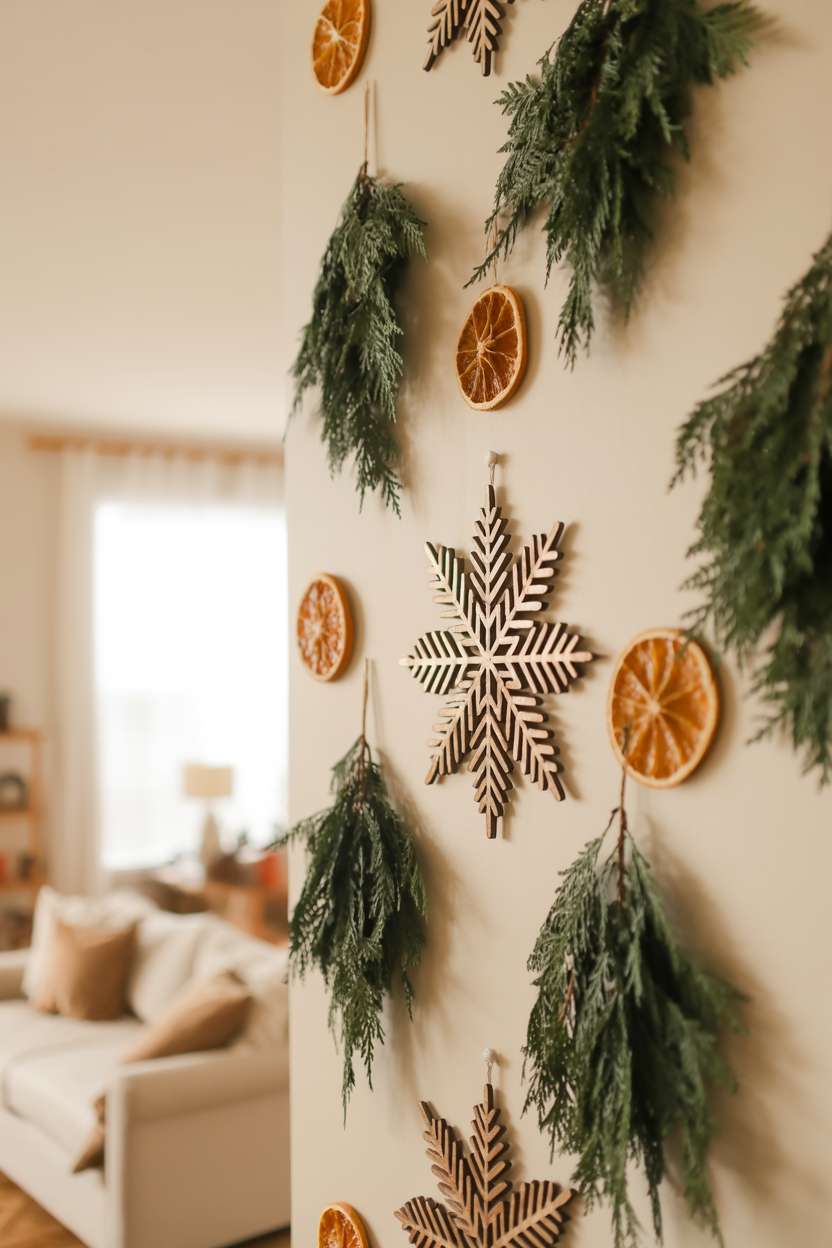 Living room wall decorated with wooden snowflakes, evergreen branches, and dried orange slices