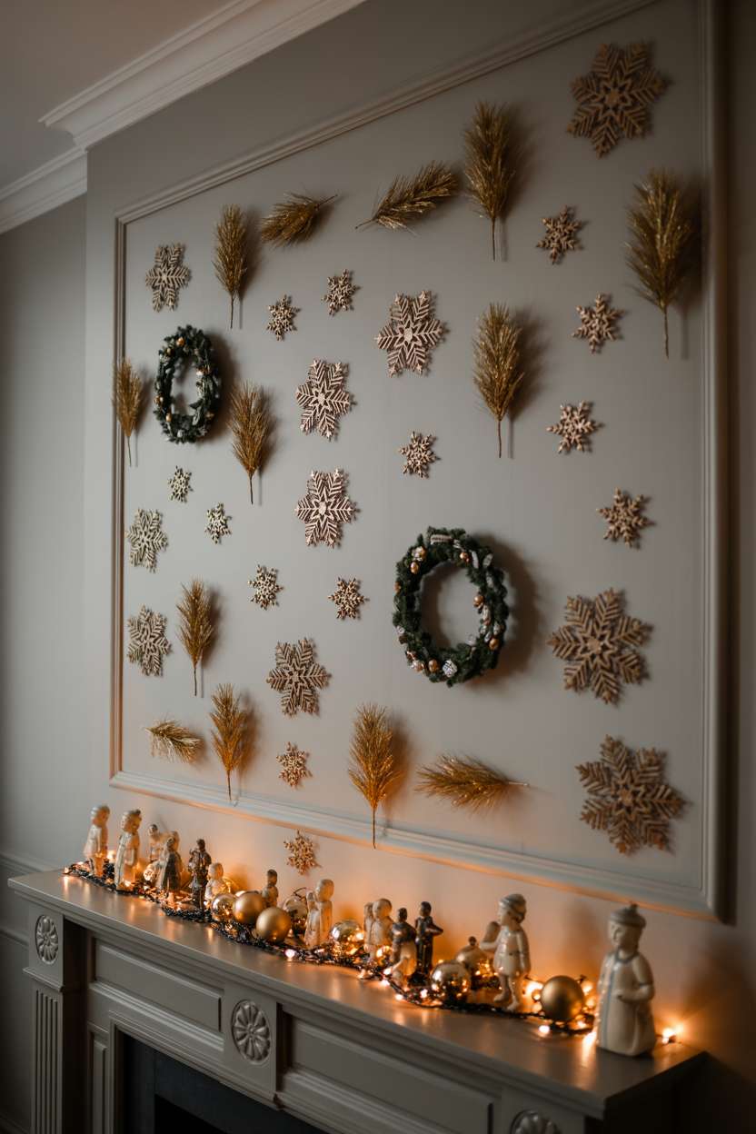 Grey living room wall with minimalist wreaths, golden pine branches, and paper snowflakes in symmetrical arrangement