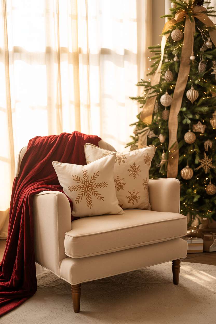 Living room with cream armchair, red throw with gold snowflakes, and elegantly decorated corner Christmas tree