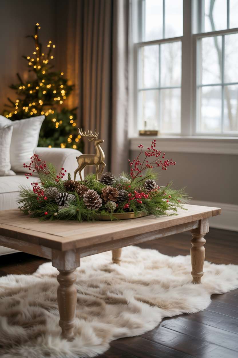 Living room with rustic wooden coffee table displaying Christmas greenery, pinecones, and brass reindeer figurine