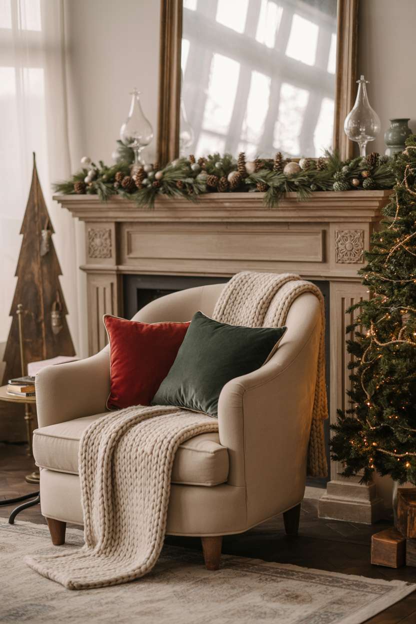 Living room with stone fireplace, cream armchair with velvet pillows, pine garland mantelpiece, and corner wooden Christmas tree