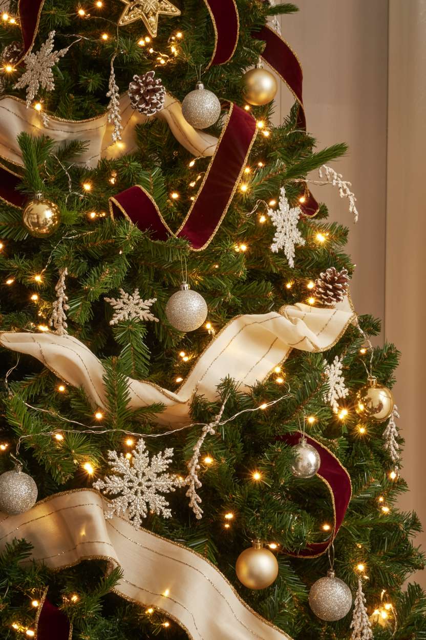Elegant Christmas tree decorated with gold and silver baubles, crystal icicles, burgundy ribbons, and warm white lights