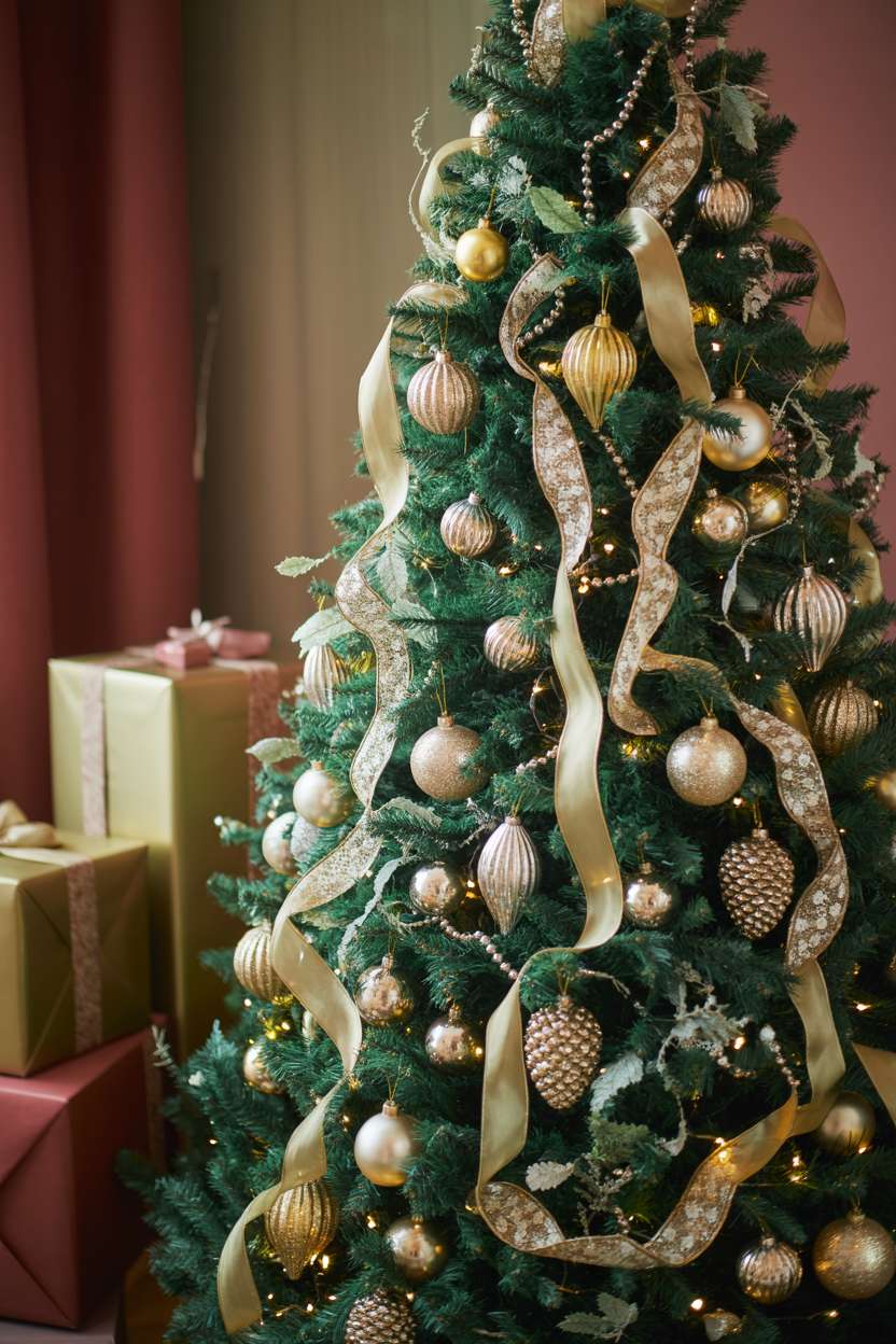 Luxuriously styled Christmas tree featuring emerald green branches with gold, silver, and crystal ornaments against a burgundy backdrop