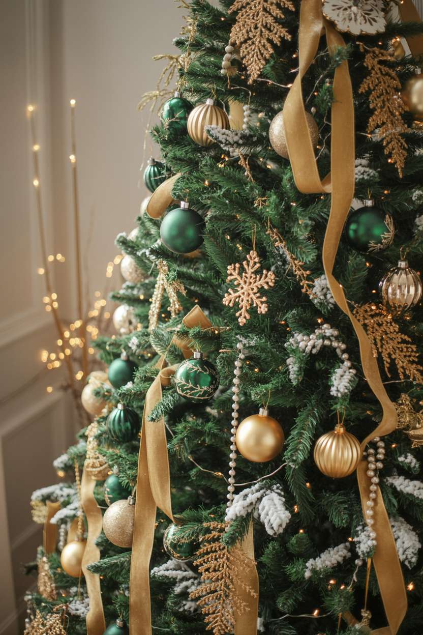 Christmas tree with artificial snow dusting, gold ornaments, crystal snowflakes, and pearl garlands in warm lighting