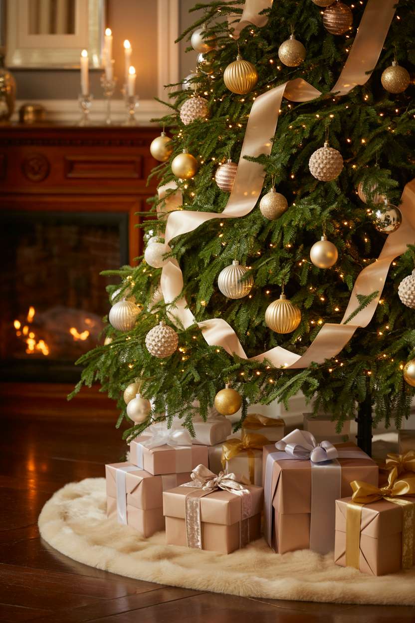 Elegant Christmas tree with champagne and gold decorations, wrapped presents underneath, beside a glowing fireplace