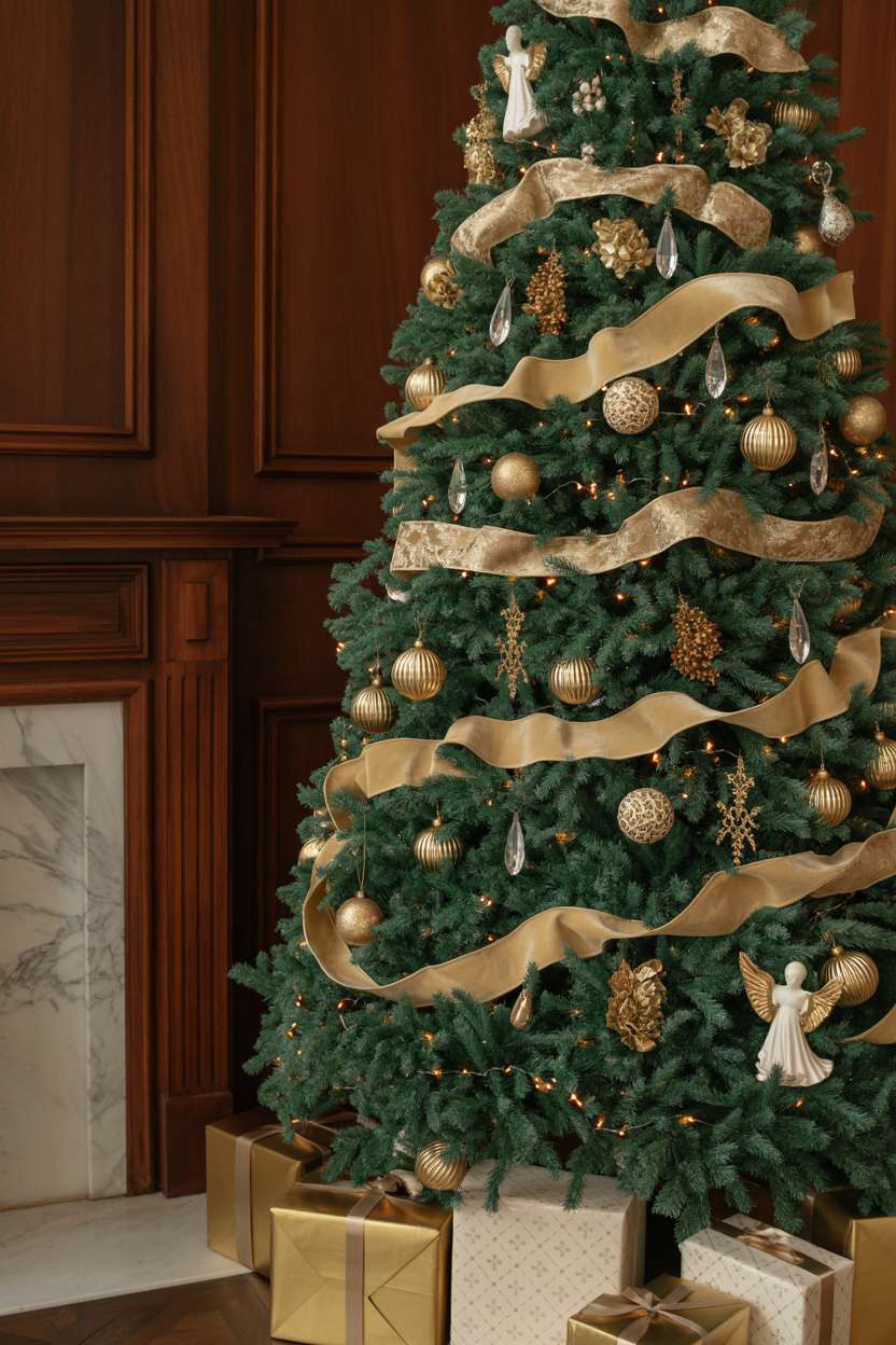 Christmas tree with cream velvet ribbons, antique gold baubles, crystal teardrops, and white porcelain angels against mahogany paneling