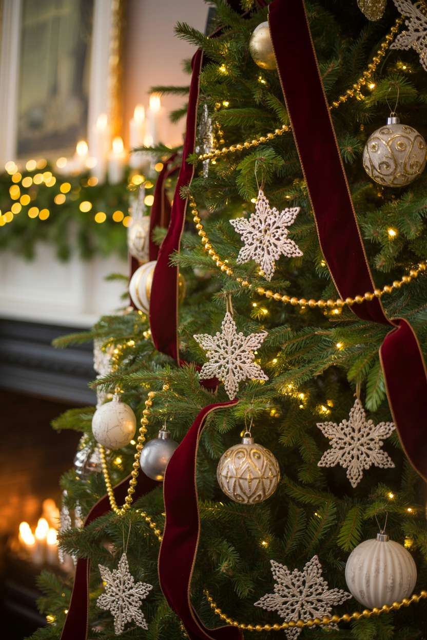 Noble Fir Christmas tree with burgundy velvet ribbons, ornate filigree baubles, crystal snowflakes, and gold beaded garland