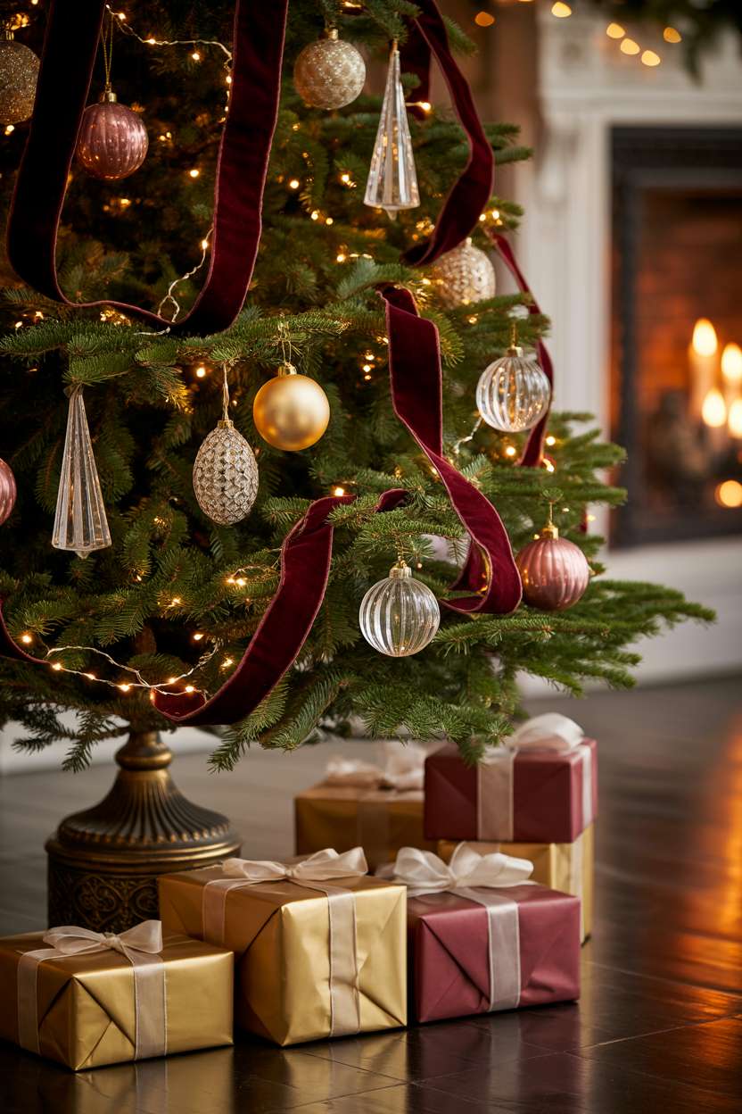 Christmas tree in ornate brass stand with burgundy ribbons, antique gold baubles, and crystal ornaments on hardwood floor