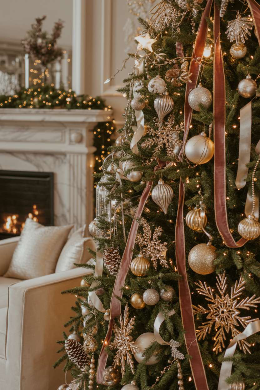 Christmas tree with cascading white lights, champagne and pearl baubles, burgundy velvet ribbons, and golden star topper
