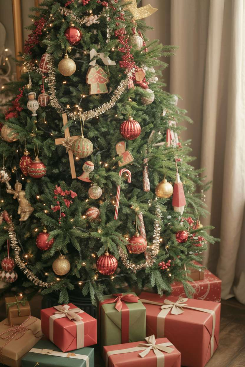 Traditional Christmas tree with red and gold baubles, silver tinsel, candy canes, wooden figurines, and warm white lights
