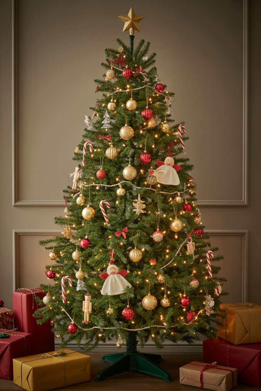 Traditional Christmas tree with gold and red glass ornaments, silver tinsel, candy canes, nutcrackers, and felt angels