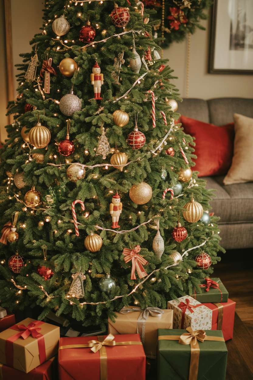 Christmas tree with spiraling warm white lights, gold and red baubles, silver tinsel, candy canes, and nutcracker ornaments