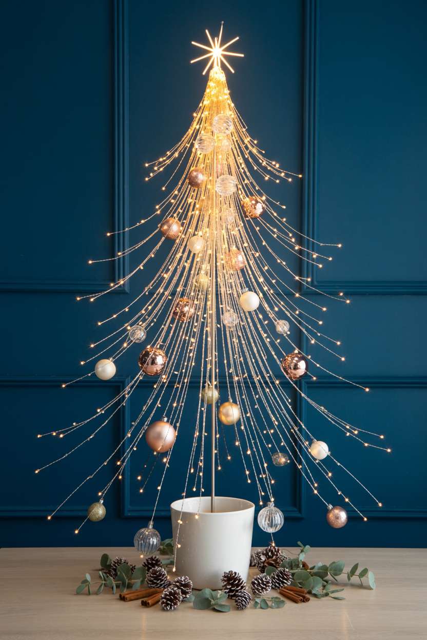 Modern Christmas tree made from cascading fairy lights in cone shape with rose gold ornaments against midnight blue wall
