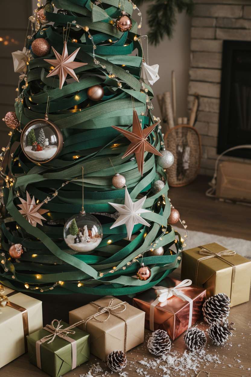 Unconventional Christmas tree made from swirling emerald ribbons with rose gold ornaments, paper origami, and glass terrariums