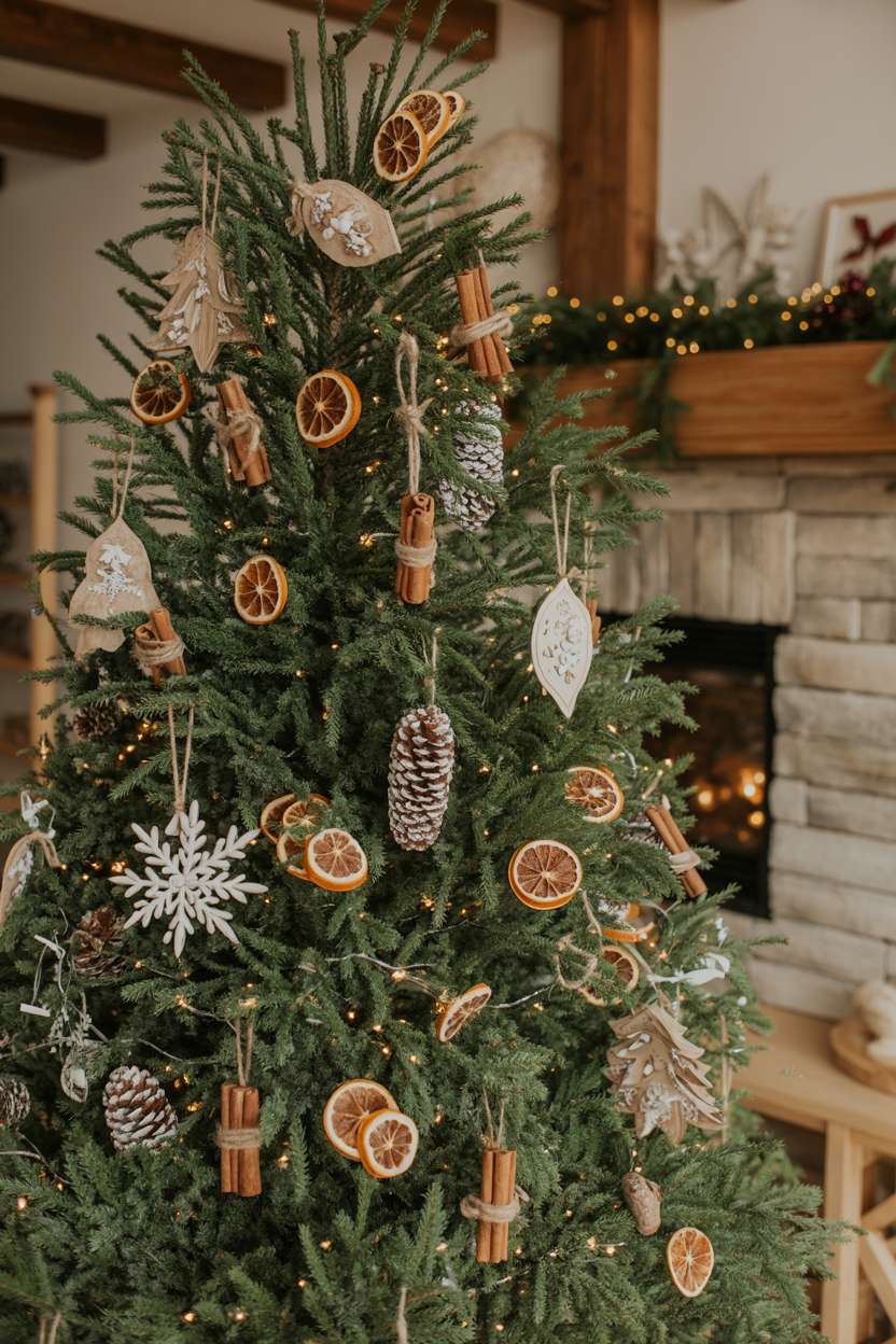 Natural Christmas tree with handcrafted dried orange slices, cinnamon sticks, silver pinecones, and white paper snowflakes