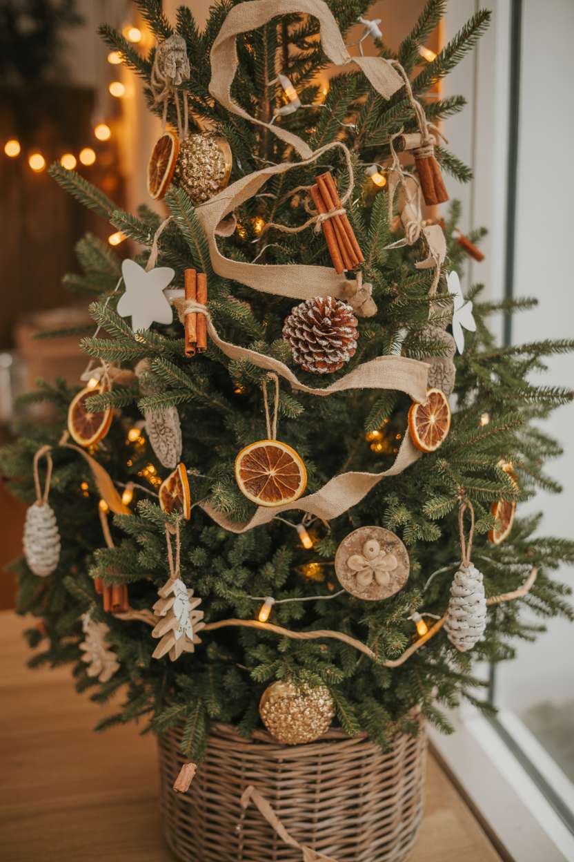 Christmas tree with handmade ornaments including dried oranges, cinnamon bundles, gold pinecones, and Edison bulb string lights
