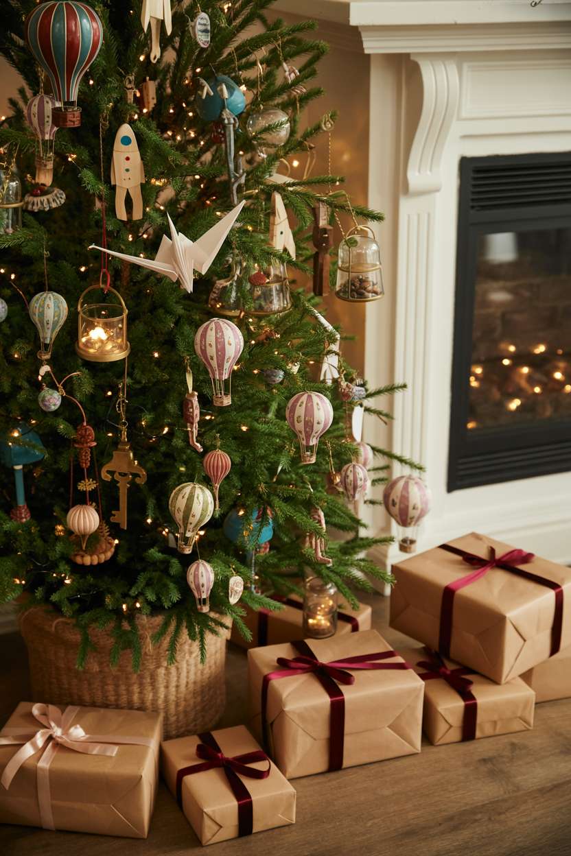 Whimsical Christmas tree with miniature hot air balloons, paper origami cranes, glass terrariums, wooden astronauts, and brass keys
